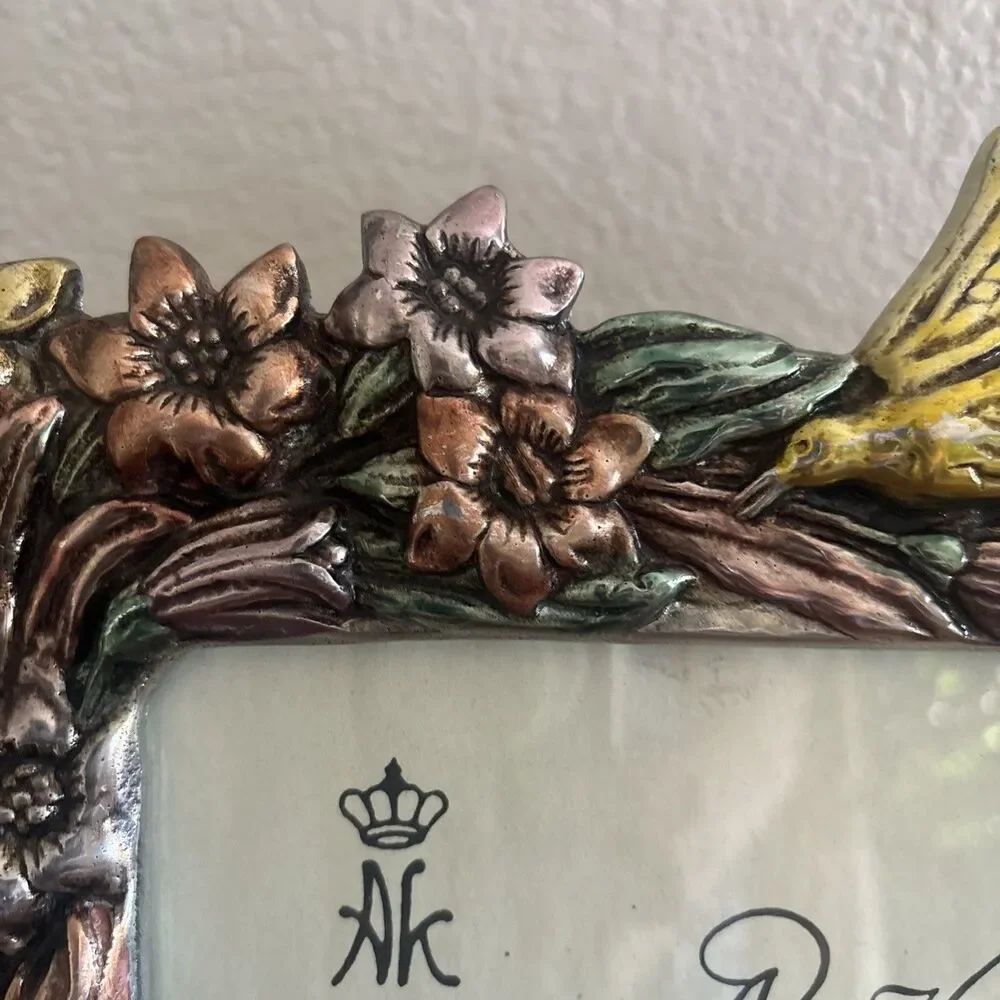Ann Kary Mexico Pewter Picture Frame Art Nouveau Bird, Foliage, Colorful! 12.5